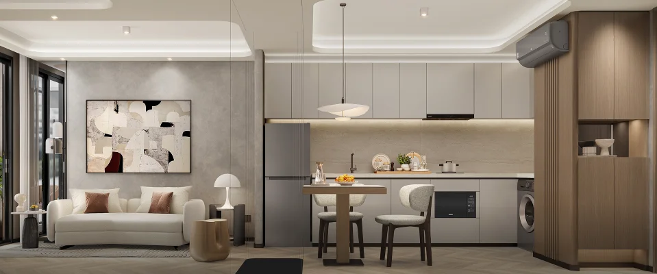 Modern living room combined with kitchen - full view